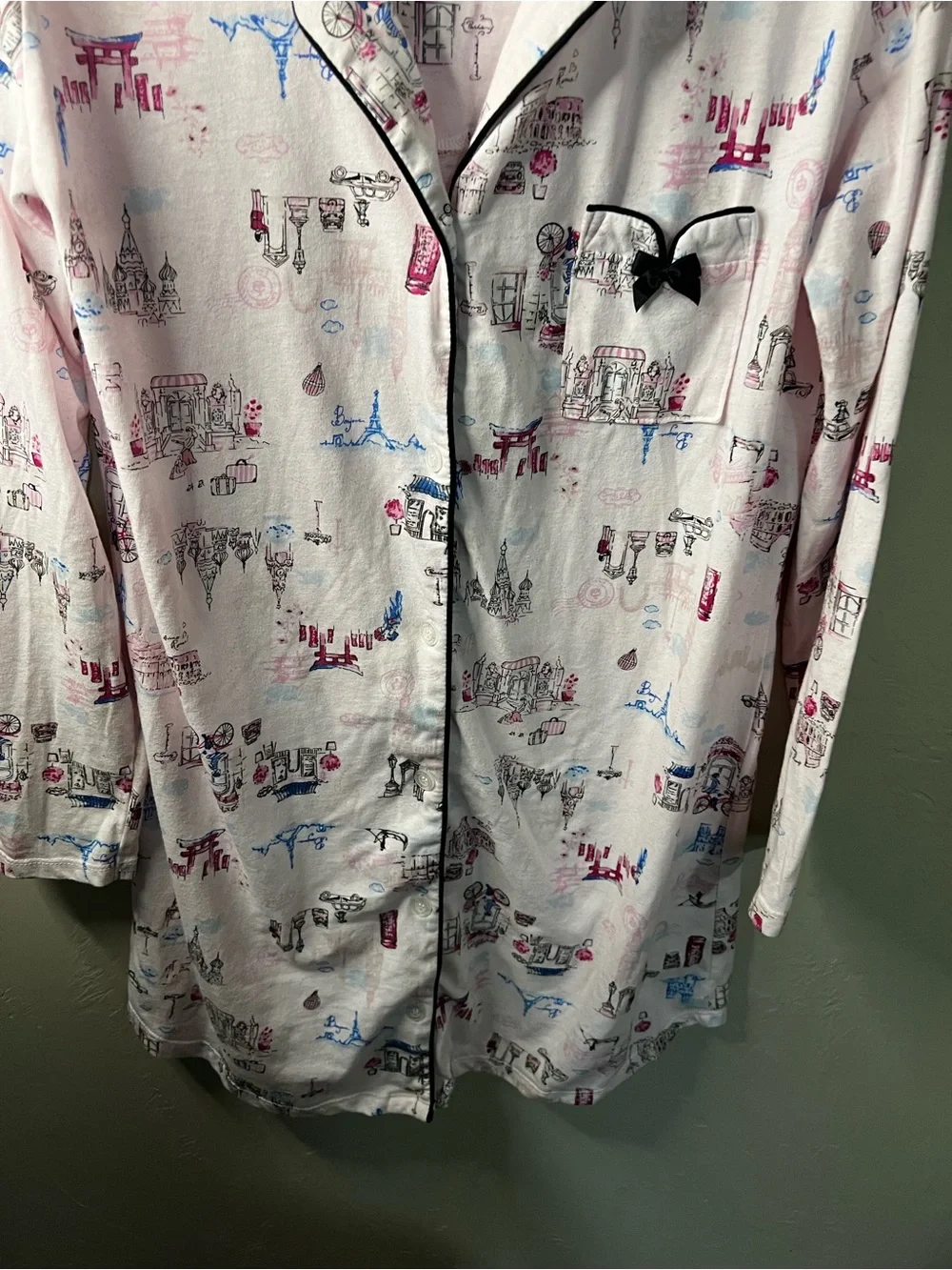 Laura Ashley Pink Global City Print Knit Button Down Lounge Comfy Sleep Shirt